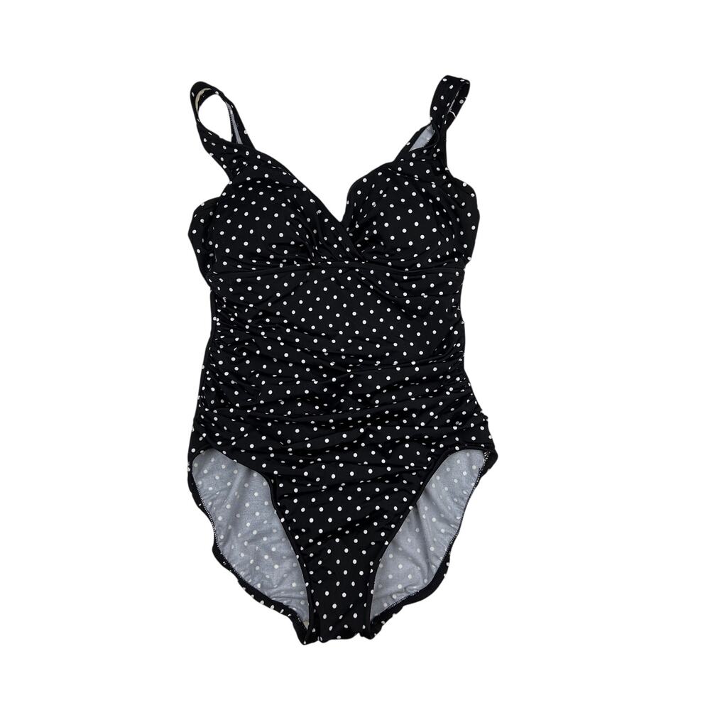 NWT Trimshaper Swimsuit Black Polka Dot Ruched One Piece Slimming Retro Pin Up